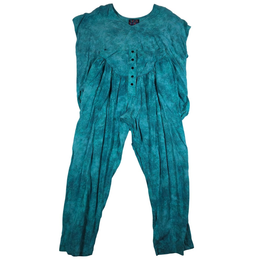 Vintage 90s Tropical Tantrum 2 Piece Set XL Teal Boho Batik Rayon Tie Dye